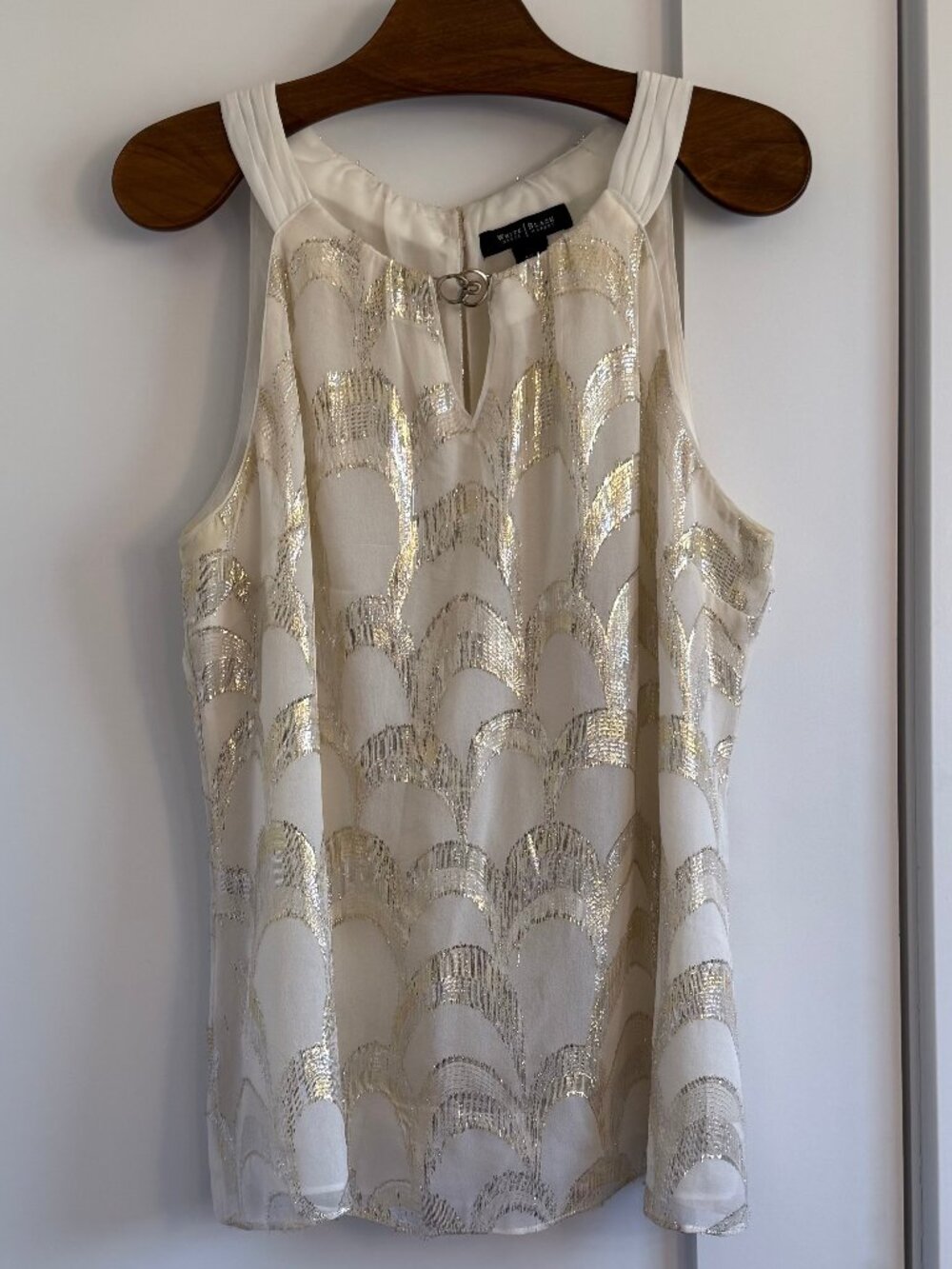 White House Black Market Silk Embellished Blouse Ivory Gold Sleeveless Tunic Top